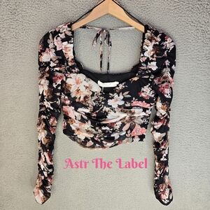 Astr The Label Womens Cropped Top Sz S Erica Floral Ruched Side Zip Long Sleeve